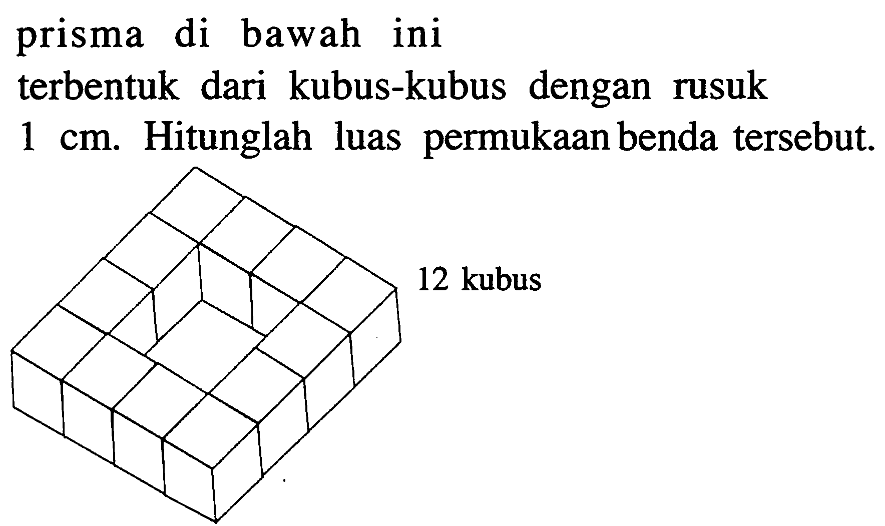 prisma di bawah ini terbentuk dari kubus-kubus dengan rusuk 1 cm. Hitunglah luas permukaan benda tersebut.12 kubus