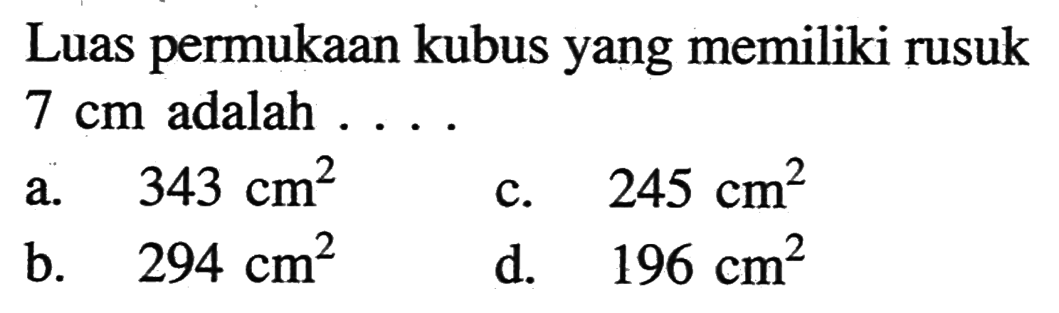 Luas permukaan kubus yang memiliki rusuk 7 cm adalah ...