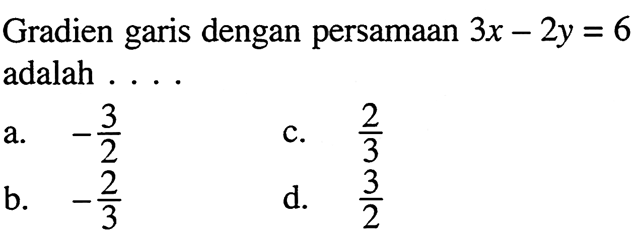 Gradien garis dengan persamaan 3x - 2y = 6 adalah.... a. -3/2 b. -2/3 c. 2/3 d. 3/2