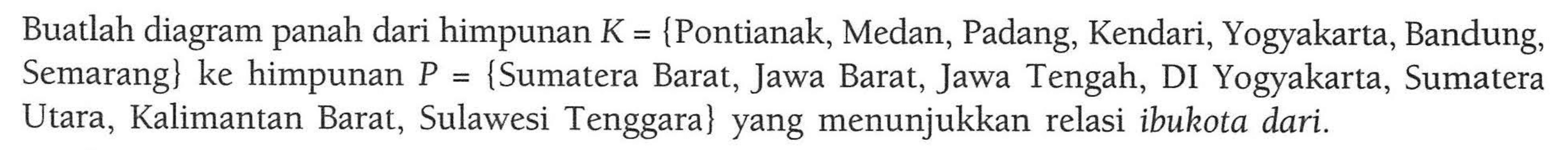 Buatlah diagram panah dari himpunan K = {Pontianak, Medan, Padang, Kendari, Yogyakarta, Bandung, Semarang} ke himpunan P = {Sumatera Barat, Jawa Barat, Jawa Tengah, DI Yogyakarta, Sumatera Utara, Kalimantan Barat, Sulawesi Tenggara} yang menunjukkan relasi ibukota dari.