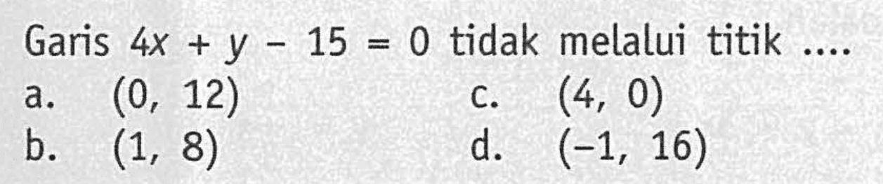 Garis 4x + y - 15 = 0 tidak melalui titik ....