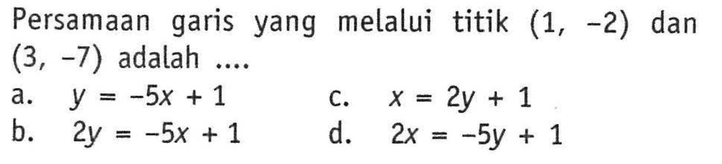 Persamaan garis yang melalui titik (1, -2) dan (3, -7) adalah ....