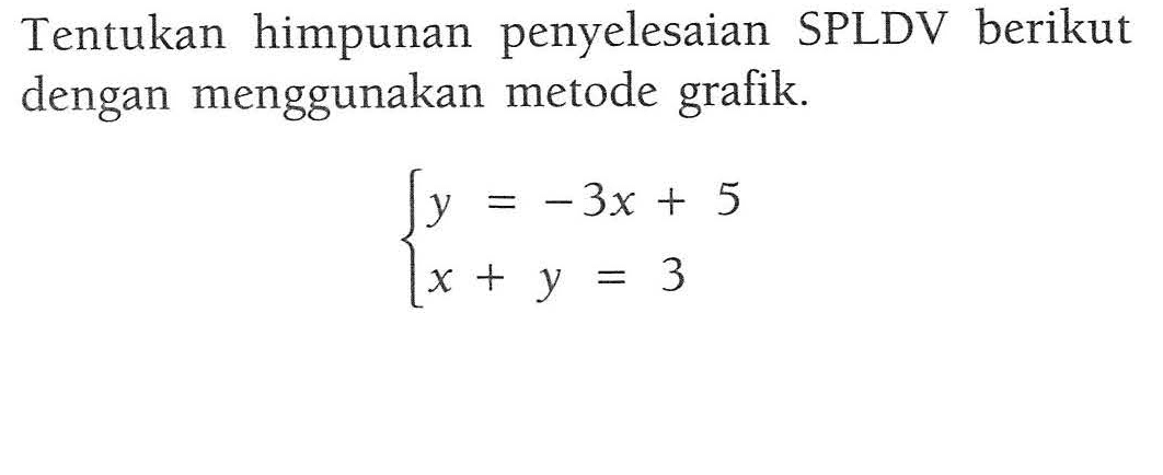 Tentukan himpunan penyelesaian SPLDV berikut dengan menggunakan metode grafik y = -3x + 5 x + y = 3