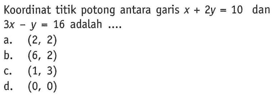 Koordinat titik potong antara garis x + 2y = 10 dan 3x - y = 16 adalah....