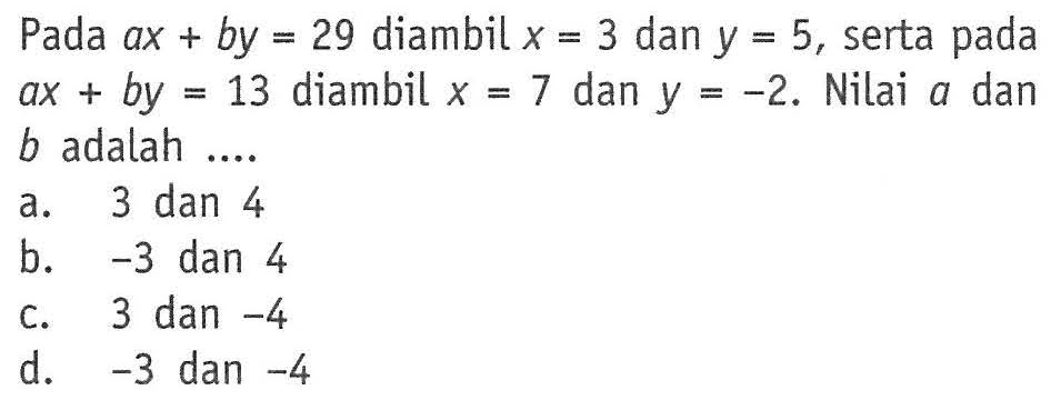 Pada ax + by = 29 diambil x = 3 dan y = 5, serta = pada ax+by= 13 diambil X= 7 dan y = 23. Nilai a dan b adalah