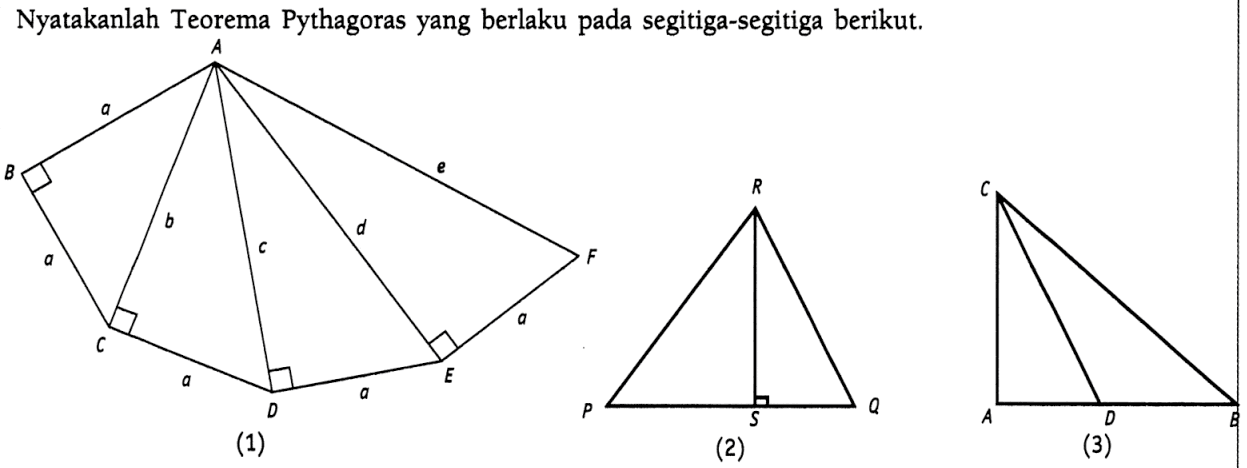 Nyatakanlah Teorema Pythagoras yang berlaku pada segitiga-segitiga berikut.(1)(2)(3)