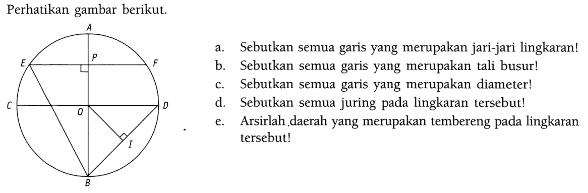 Perhatikan gambar berikut.A B C D E F P O Ia. Sebutkan semua garis yang merupakan jari-jari lingkaran!b. Sebutkan semua garis yang merupakan tali busur!c. Sebutkan semua garis yang merupakan diameter!d. Sebutkan semua juring pada lingkaran tersebut!e. Arsirlah daerah yang merupakan tembereng pada lingkaran tersebut!