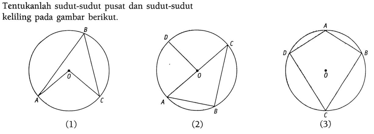 Tentukanlah sudut-sudut pusat dan sudut-sudut keliling pada gambar berikut.(1) (2) (3)