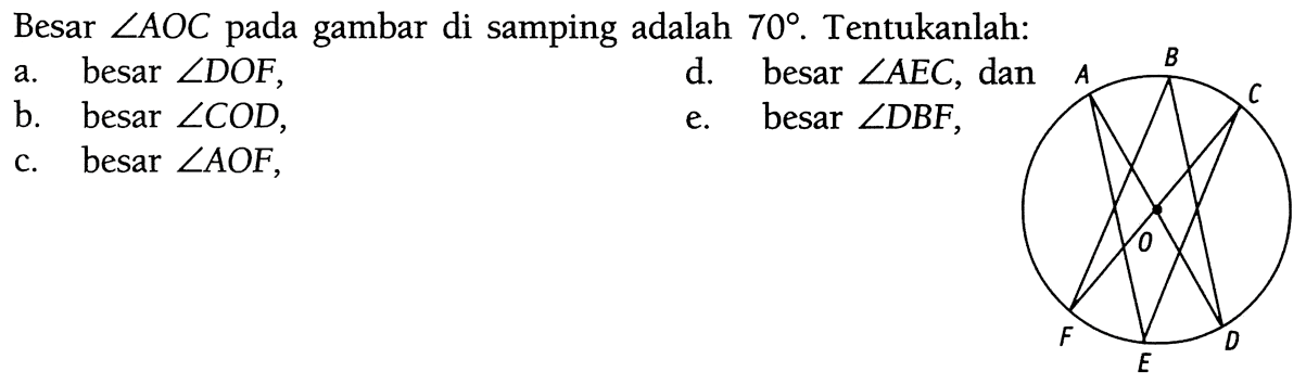 Besar sudut AOC pada gambar di samping adalah 70. Tentukanlah:a. besar sudut DOF,b. besar sudut COD,d. besar sudut AEC, danc. besar sudut AOF,