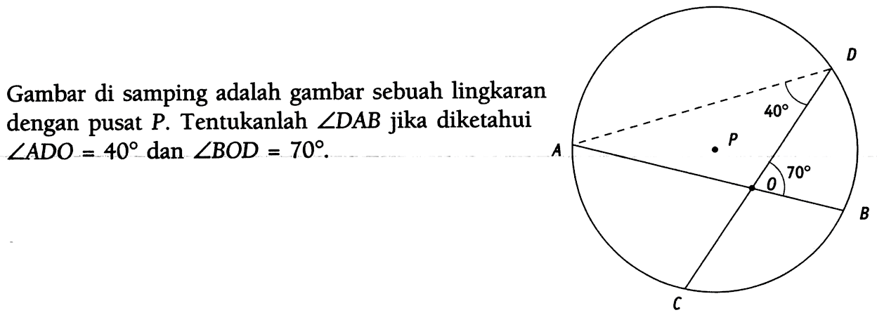 Gambar di samping adalah gambar sebuah lingkaran dengan pusat P. Tentukanlah sudut DAB jika diketahui sudut ADO=40 dan sudut BOD=70. A 40 D P 70 O B C