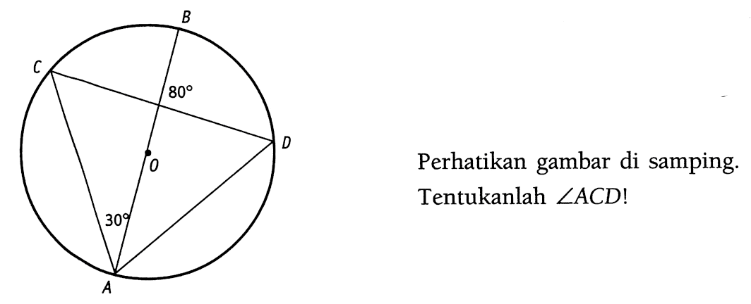 Perhatikan gambar di samping. Tentukanlah sudut ACD 
A B C D O 30 80 