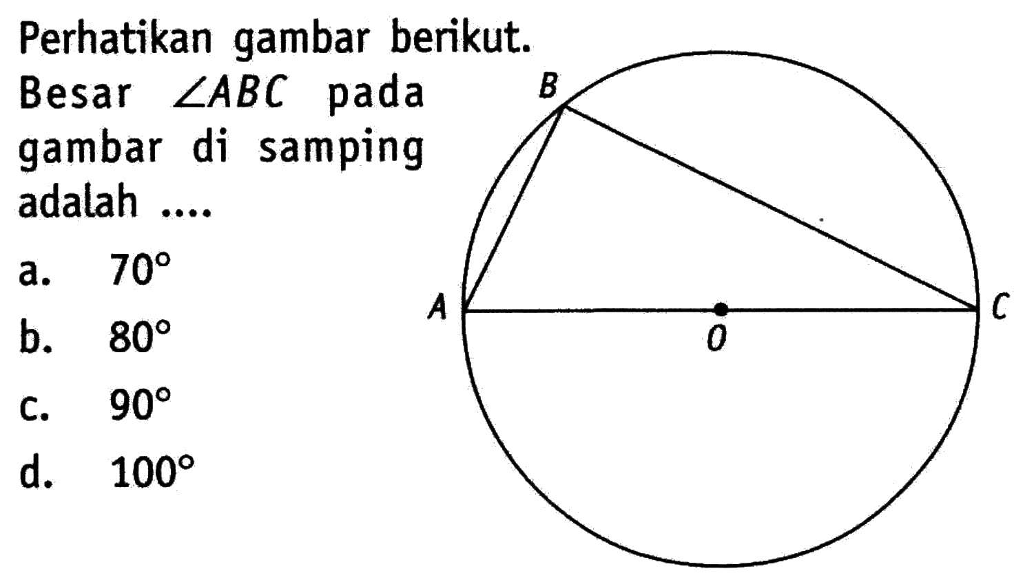 Perhatikan gambar berikut.Besar  sudut ABC padagambar di samping adalah .... A O C B