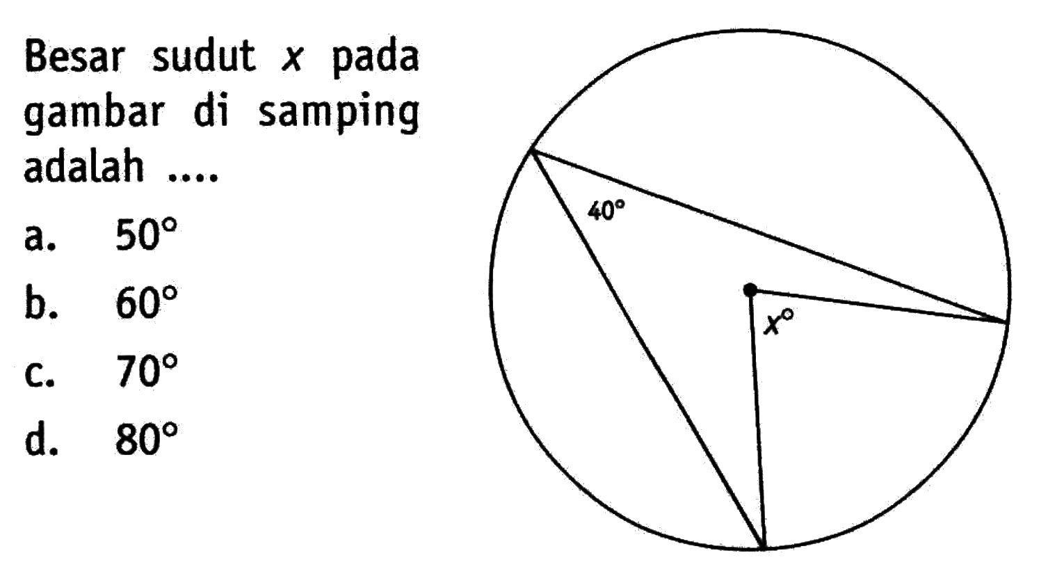 Besar sudut x pada gambar di samping adalah....40 x