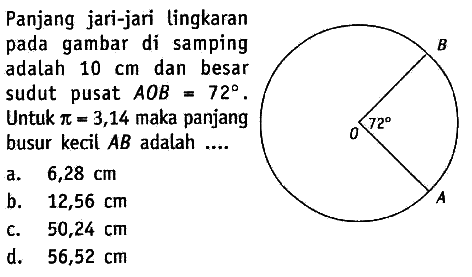 Panjang jari-jari lingkaran pada gambar di samping adalah 10 cm dan besar sudut pusat AOB=72. Untuk pi=3,14 maka panjang busur kecil AB adalah ... 