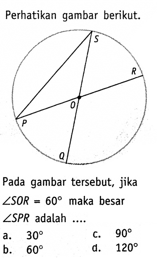 Perhatikan gambar berikut. Pada gambar tersebut, jika sudut SOR=60 maka besar sudut SPR adalah ....