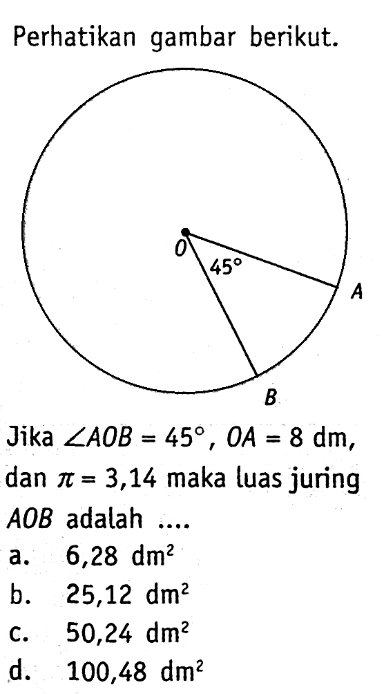 Perhatikan gambar berikut.Jika  sudut AOB=45, OA=8 dm ,  dan pi=3,14  maka luas juring  AOB  adalah ....