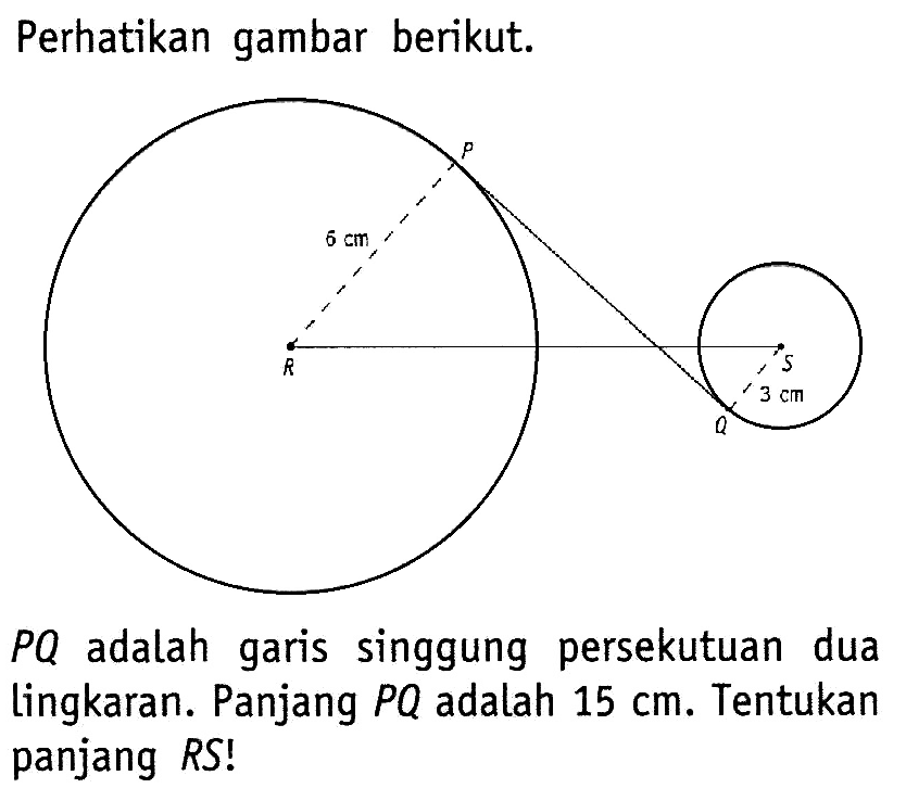 Perhatikan gambar berikut. P 6 cm R Q 3 cm S PQ adalah garis singgung persekutuan dua lingkaran. Panjang PQ adalah 15 cm. Tentukan panjang RS! 