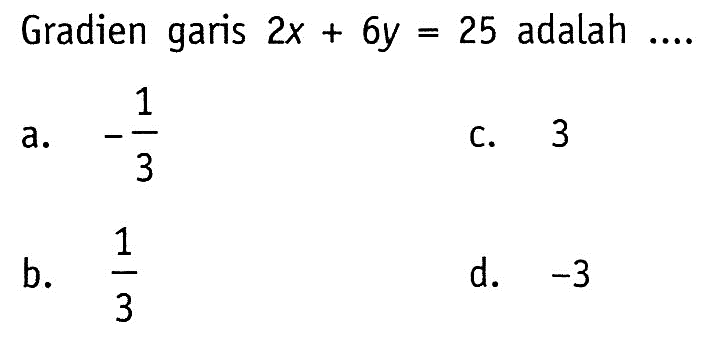 Gradien garis 2x + 6y = 25 adalah ....