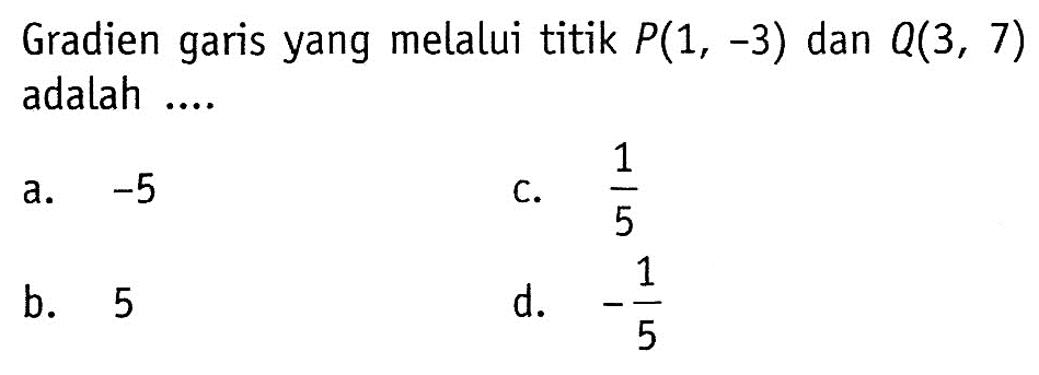 Gradien garis yang melalui titik P(1, -3) dan Q(3, 7) adalah ....