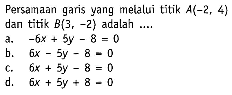 Persamaan garis yang melalui titik A(-2, 4) dan titik B(3, -2) adalah