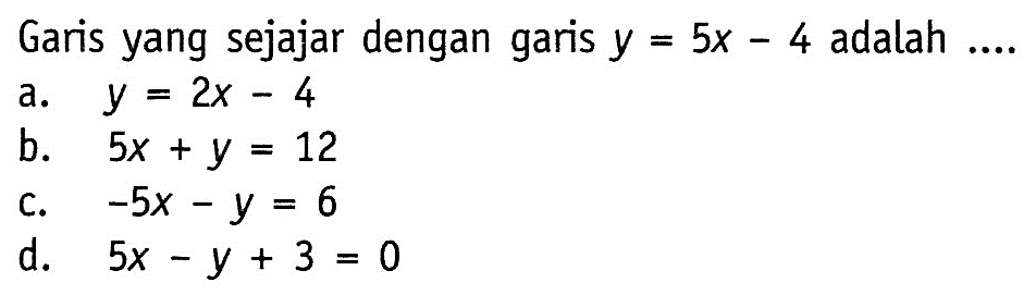 Garis yang sejajar dengan garis y = 5x - 4 adalah ....