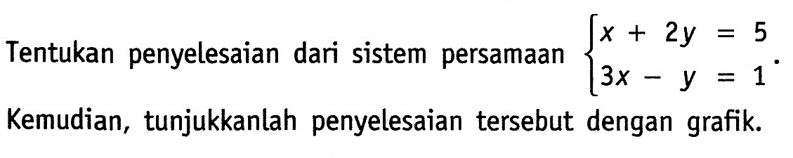 Tentukan penyelesaian dari sistem persamaan x + 2y = 5 3x - y = 1 . Kemudian, tunjukkanlah penyelesaian tersebut dengan grafik.