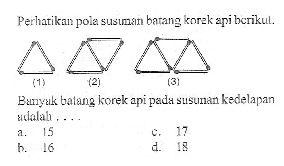 Perhatikan pola susunan batang korek api berikut. Banyak batang korek api kedelapan pada adalah a. 15 b. 16 c. 17 d. 18