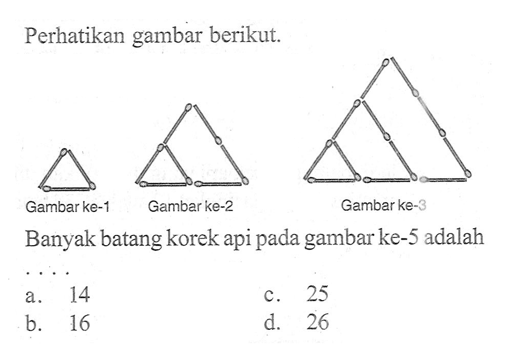 Perhatikan gambar berikut. Gambar ke-1 Gambar ke-2 Gambar ke-3 Banyak batang korek api pada gambar ke-5 adalah.... a. 14 c. 25 b. 16 d. 26