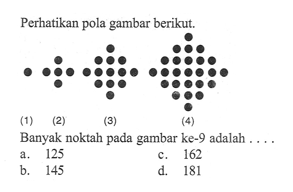 Perhatikan gambar berikut. (1) (2) (3) (4) Banyak noktah gambar ke-9 adalah a. 125 b. 145 c. 162 d. 181