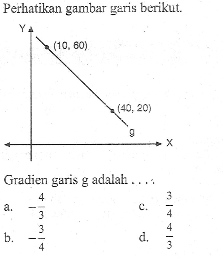 Perhatikan gambar garis berikut (10, 60) (40, 20) Gradien garis g adalah... a. -4/3 c. 3/4 b. -3/4 d. 4/3