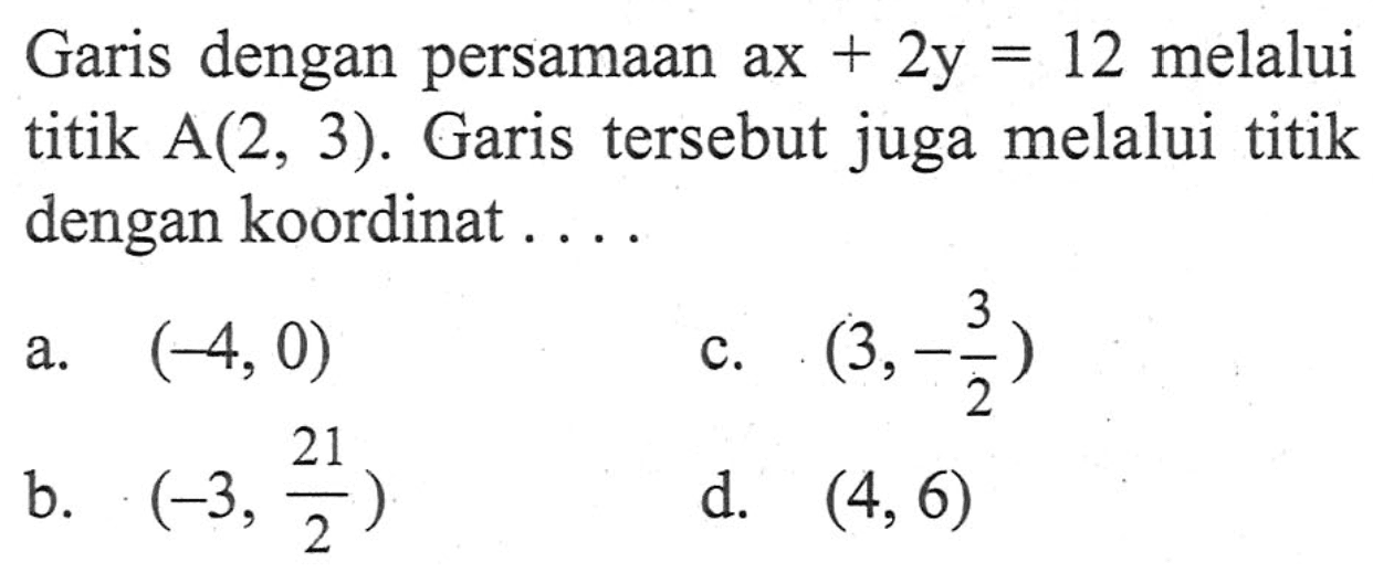 Garis dengan persamaan ax + 2y = 12 melalui titik A(2, 3). Garis tersebut juga melalui titik dengan koordinat ....