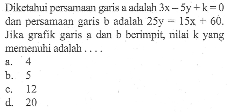 Diketahui persamaan garis a adalah 3x - 5y + k = 0 dan persamaan garis b adalah 25y = 15x + 60. Jika grafik a dan b berimpit, nilai k yang garis memenuhi adalah . . . .