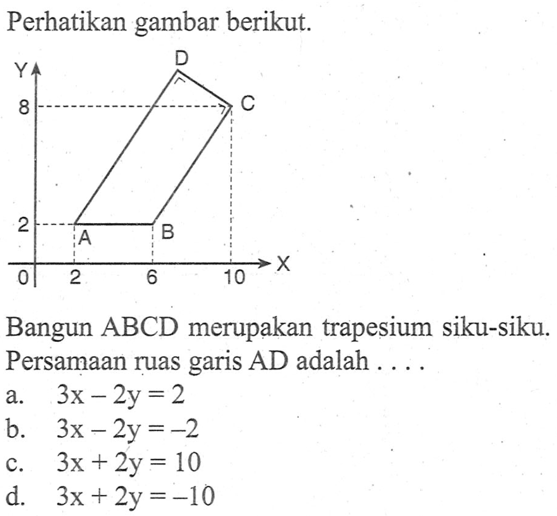 Perhatikan gambar berikut. Bangun ABCD merupakan trapesium siku-siku. Persamaan ruas garis AD adalah ... a. 3x - 2y = 2 b. 3x - 2y = -2 c. 3x + 2y = 1- d. 3x + 2y = -10