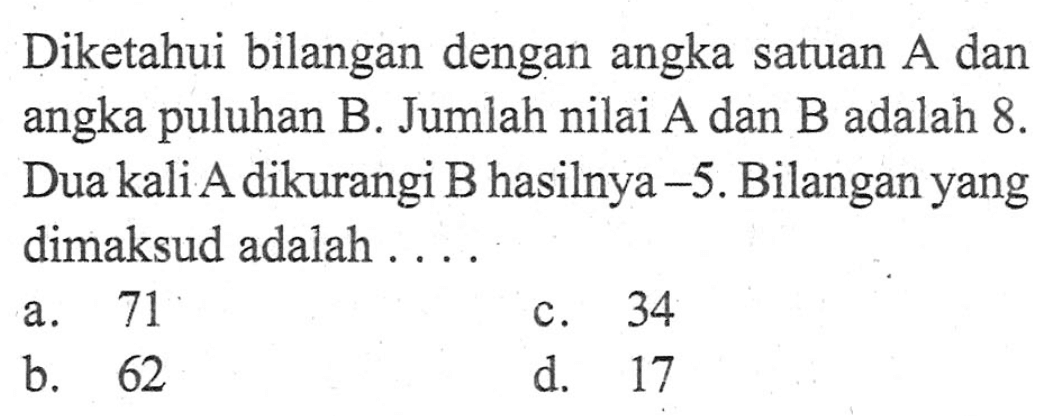 Diketahui bilangan dengan angka satuan A dan angka puluhan B. Jumlah nilai A dan B adalah 8. Dua kali A dikurangi B hasilnya -5. Bilangan yang dimaksud adalah .... a. 71 b. 62 c. 34 d. 17