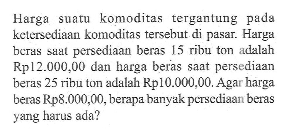 Harga suatu komoditas tergantung pada ketersediaan komoditas tersebut di pasar Harga persediaan beras 15 ribu ton adalah beras saat Rp12.000,00 dan harga beras persediaan saat beras 25 ribu ton adalah Rp10.000,00. Agar harga beras Rp8.000,00, berapa banyak persediaan beras yang harus ada?