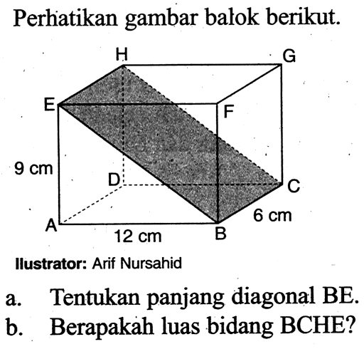 Perhatikan gambar balok berikut. A B C D E F G H 9 cm 12 cm 6 cm llustrator: Arif Nursahid a. Tentukan panjang diagonal BE. b. Berapakah luas bidang BCHE?