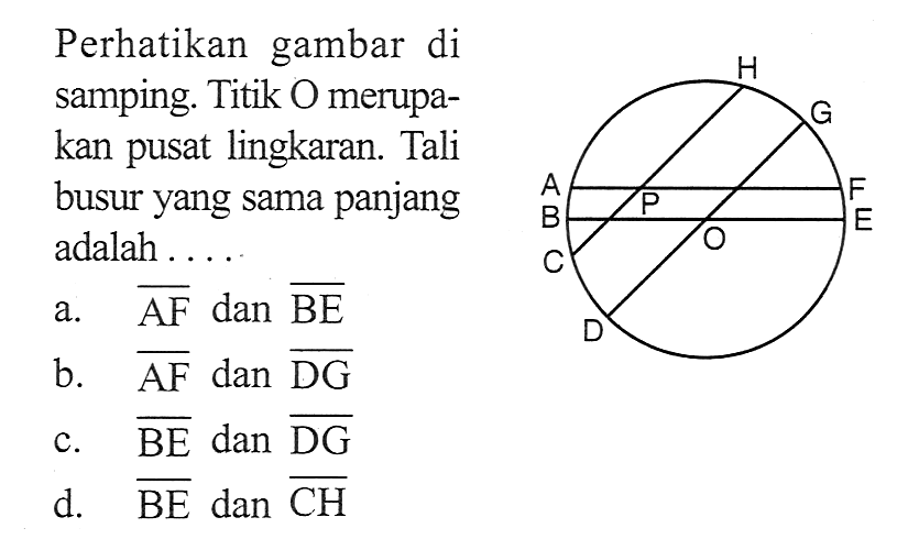 Perhatikan gambar di samping. Titik O merupakan pusat lingkaran. Tali busur yang sama panjang adalah ....