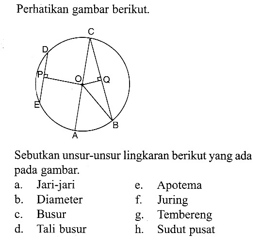 Perhatikan gambar berikut.Sebutkan unsur-unsur lingkaran berikutyang ada pada gambar.a. Jari-jarie. Apotemab. Diameterf. Juringc. Busurg. Temberengd. Tali busurh. Sudut pusat