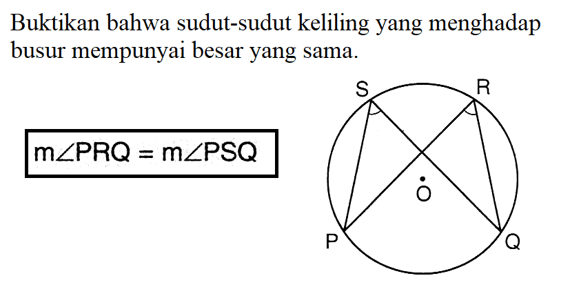 Buktikan bahwa sudut-sudut keliling yang menghadap busur mempunyai besar yang sama.
m sudut PRQ=m sudut PSQ P S O Q R 