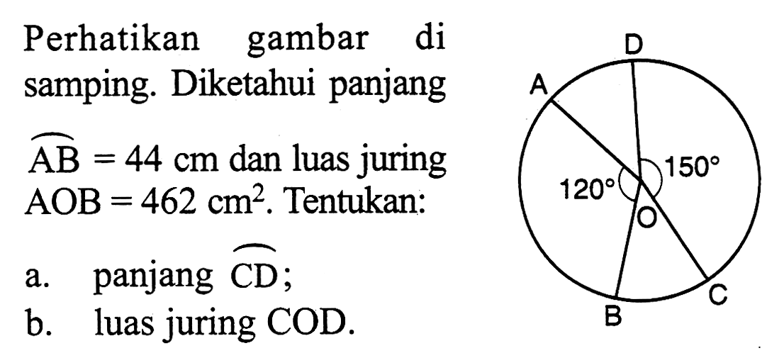 Perhatikan gambar di samping. Diketahui panjang AB=44 cm dan luas juring AOB=462 cm^2. Tentukan: a. panjang CD b. luas juring COD