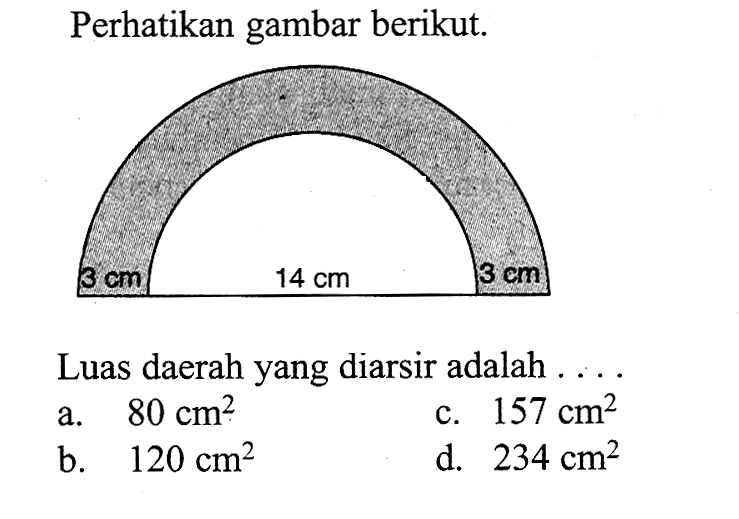 Perhatikan gambar berikut. 3 cm 14 cm 3 cm Luas daerah yang diarsir adalah ... .