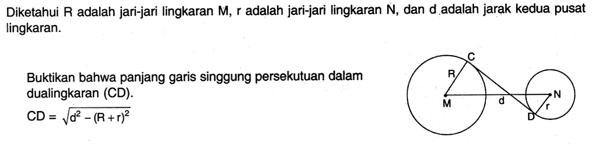 Diketahui R adalah jari-jari lingkaran M, r adalah jari-jari lingkaran N, dan d adalah jarak kedua pusat lingkaran. Buktikan bahwa panjang garis singgung persekutuan dalam dua lingkaran (CD). CD=akar((d^2)-((R+r)^2))