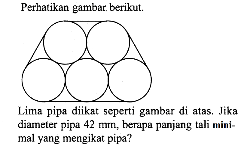 Perhatikan gambar. berikut. Lima pipa diikat seperti gambar di atas. Jika diameter pipa 42 mm, berapa panjang tali minimal yang mengikat pipa? 