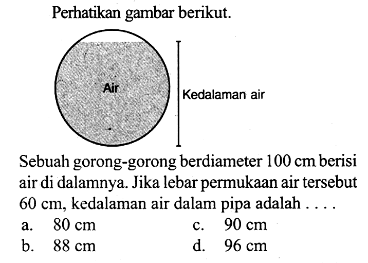 Perhatikan gambar berikut.Sebuah gorong-gorong berdiameter 100 cm berisi air di dalamnya. Jika lebar permukaan air tersebut 60 cm, kedalaman air dalam pipa adalah ....