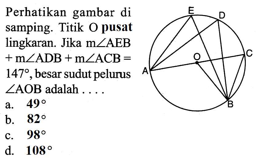 Perhatikan gambar di samping. Titik O pusat lingkaran. Jika m sudut AEB+m sudut ADB+m sudut ACB=147, besar sudut pelurus sudut AOB adalah... 