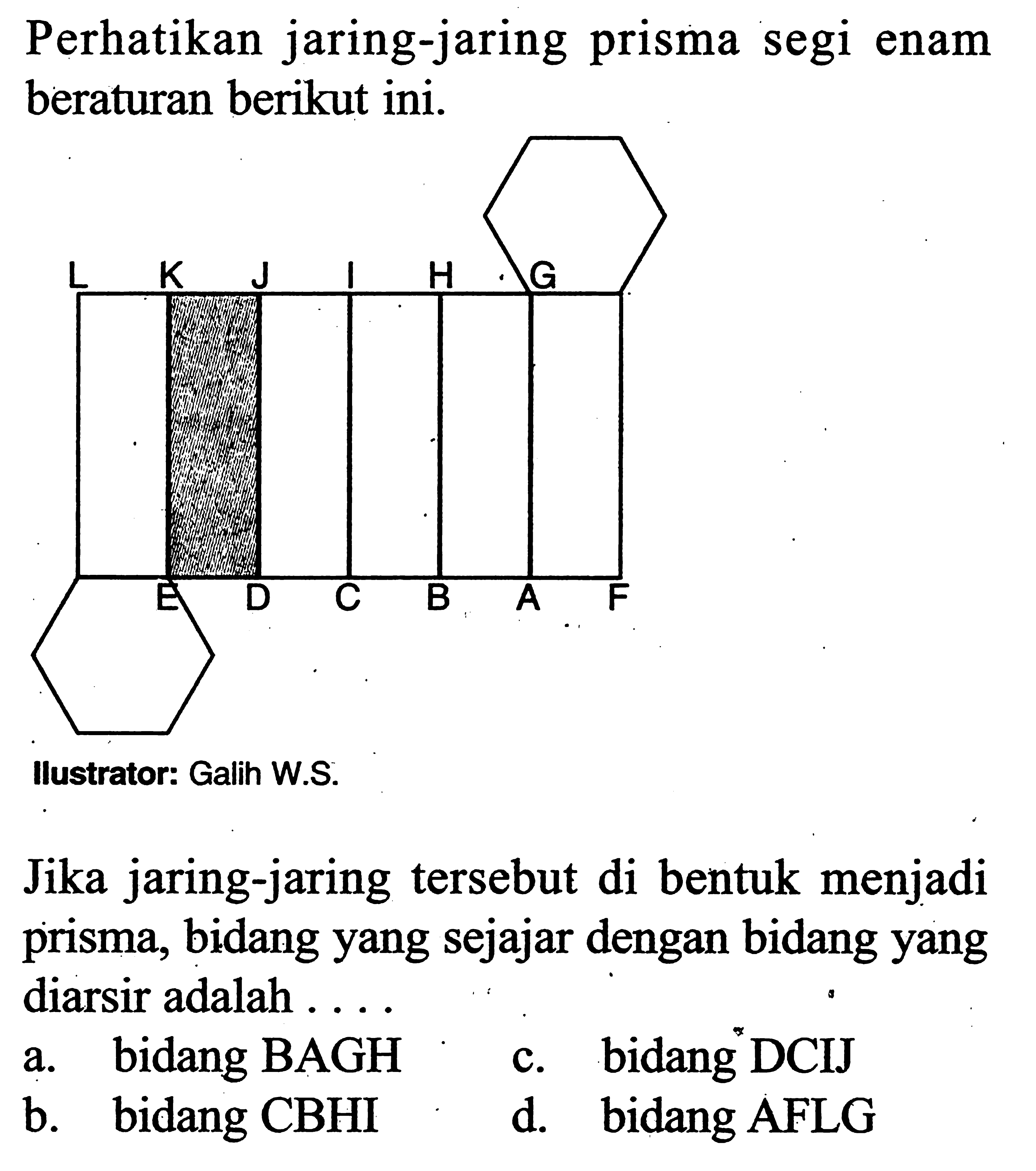 Perhatikan jaring-jaring prisma segi enam beraturan berikut ini. Jika jaring-jaring tersebut di bentuk menjadi prisma, bidang yang sejajar dengan bidang yang diarsir adalah .... a. bidang BAGH 
b. bidang CBHI 
c. bidang DCIJ 
d. bidang AFLG