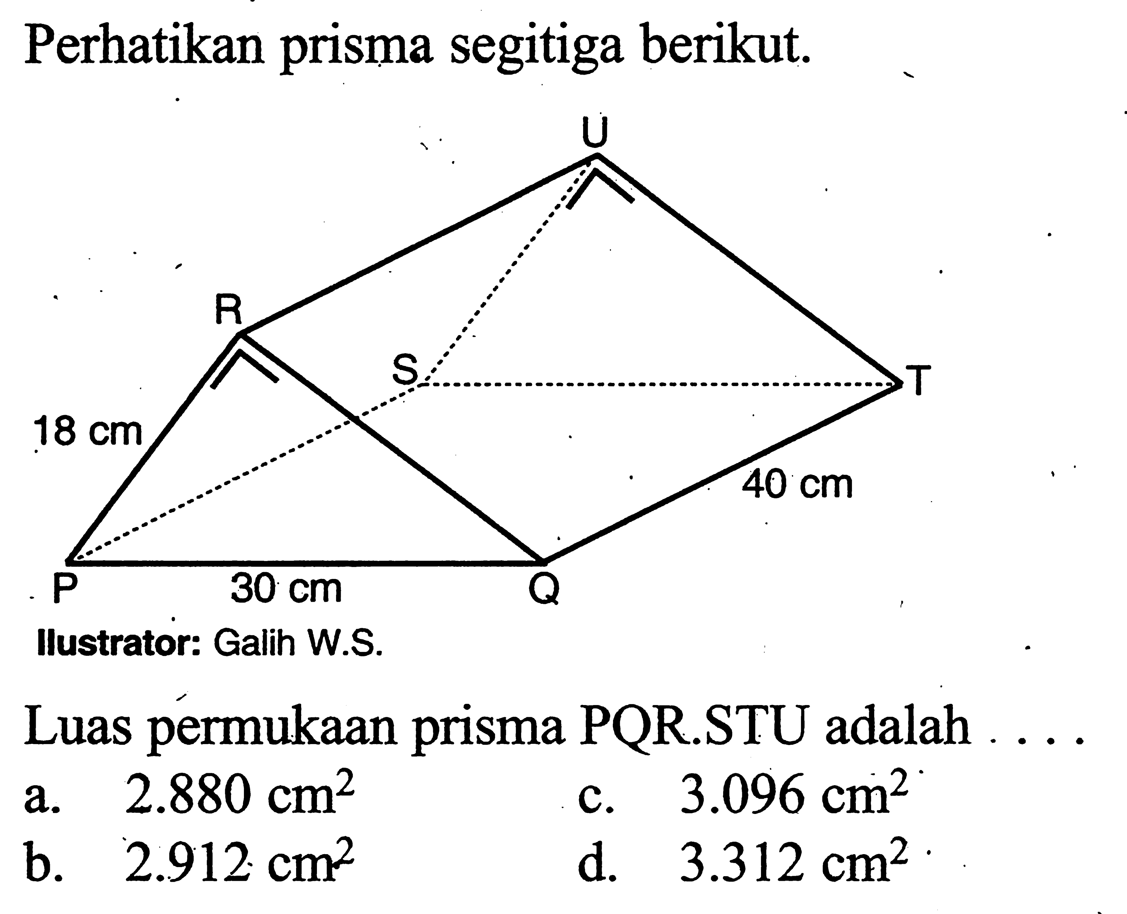 Perhatikan prisma segitiga berikut. Ilustrator: Galih W Luas permukaan prisma PQR.STU adalah ...
