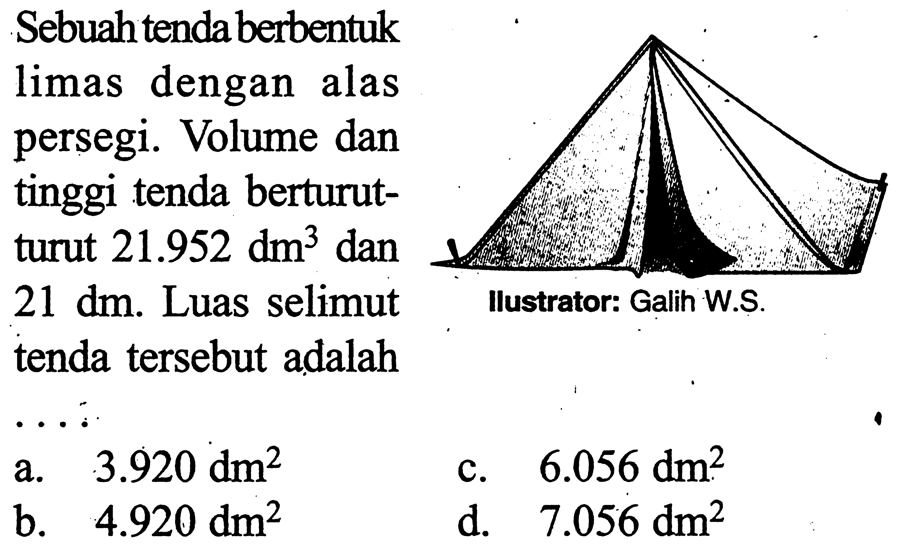 Sebuah tenda berbentuk limas dengan alas persegi. Volume dan tinggi tenda berturut-turut 21.952 dm^3 dan 21 dm. Luas selimut tenda tersebut adalah .... Ilustrator: Galih W.S.