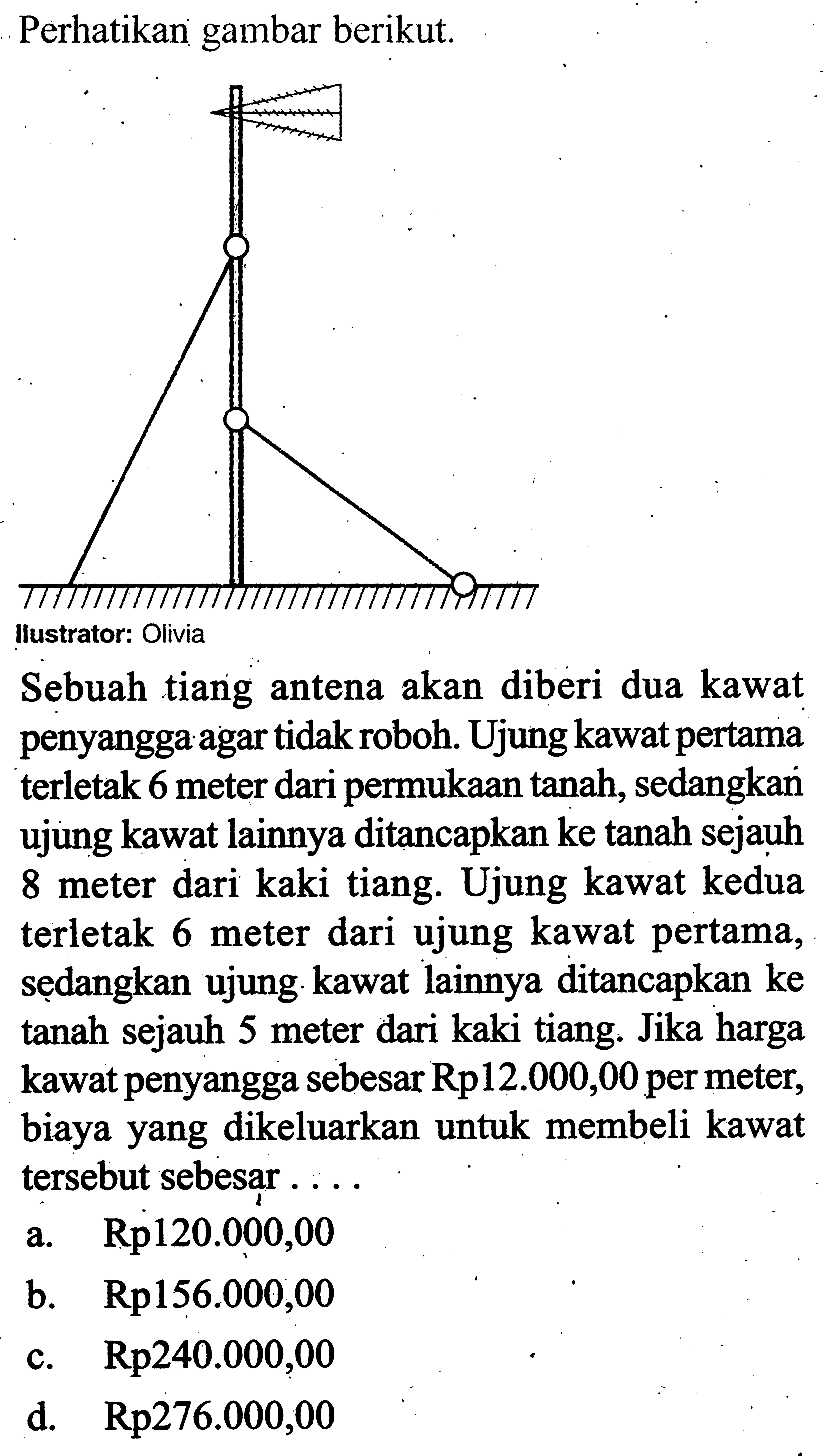 Perhatikan gambar berikut.Sebuah tiang antena akan diberi dua kawat penyangga agar tidak roboh. Ujung kawat pertama terletak 6 meter dari permukaan tanah, sedangkan ujung kawat lainnya ditancapkan ke tanah sejauh 8 meter dari kaki tiang. Ujung kawat kedua terletak 6 meter dari ujung kawat pertama, sẹdangkan ujung kawat lainnya ditancapkan ke tanah sejauh 5 meter dari kaki tiang. Jika harga kawat penyangga sebesar  Rp12.000,00  per meter, biaya yang dikeluarkan untuk membeli kawat tersebut sebesar ....