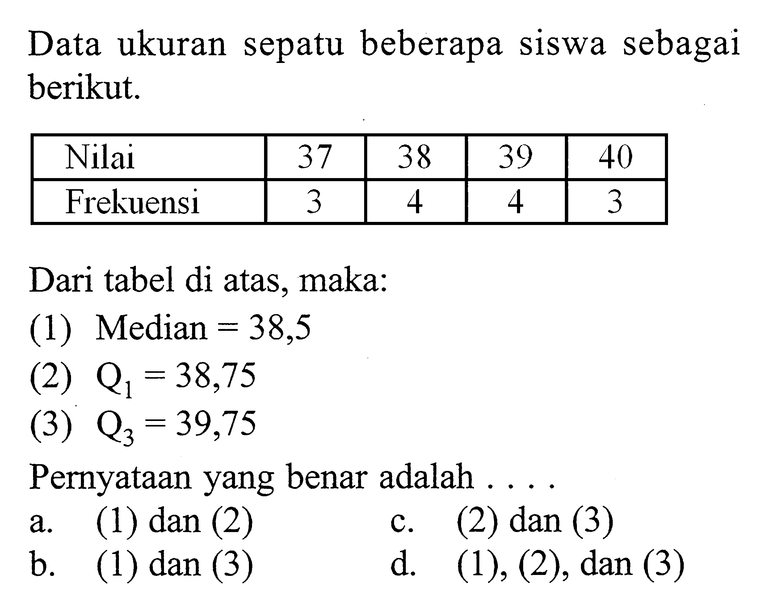 Data ukuran sepatu beberapa siswa sebagai berikut. Nilai 37 38 39 40 Frekuensi 3 4 4 3 Dari tabel di atas, maka: (1) Median=38,5 (2) Q1=38,75 (3) Q3=39,75 Pernyataan yang benar adalah .... 